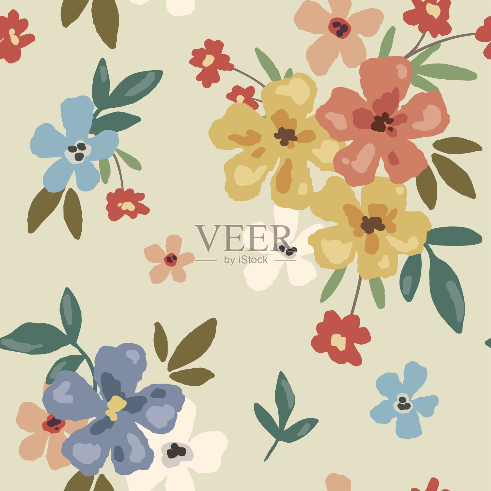 无缝花卉图案，可爱的植物壁纸，纺织品设计:小手绘花，树叶，简单的花束。矢量插图。插画图片素材