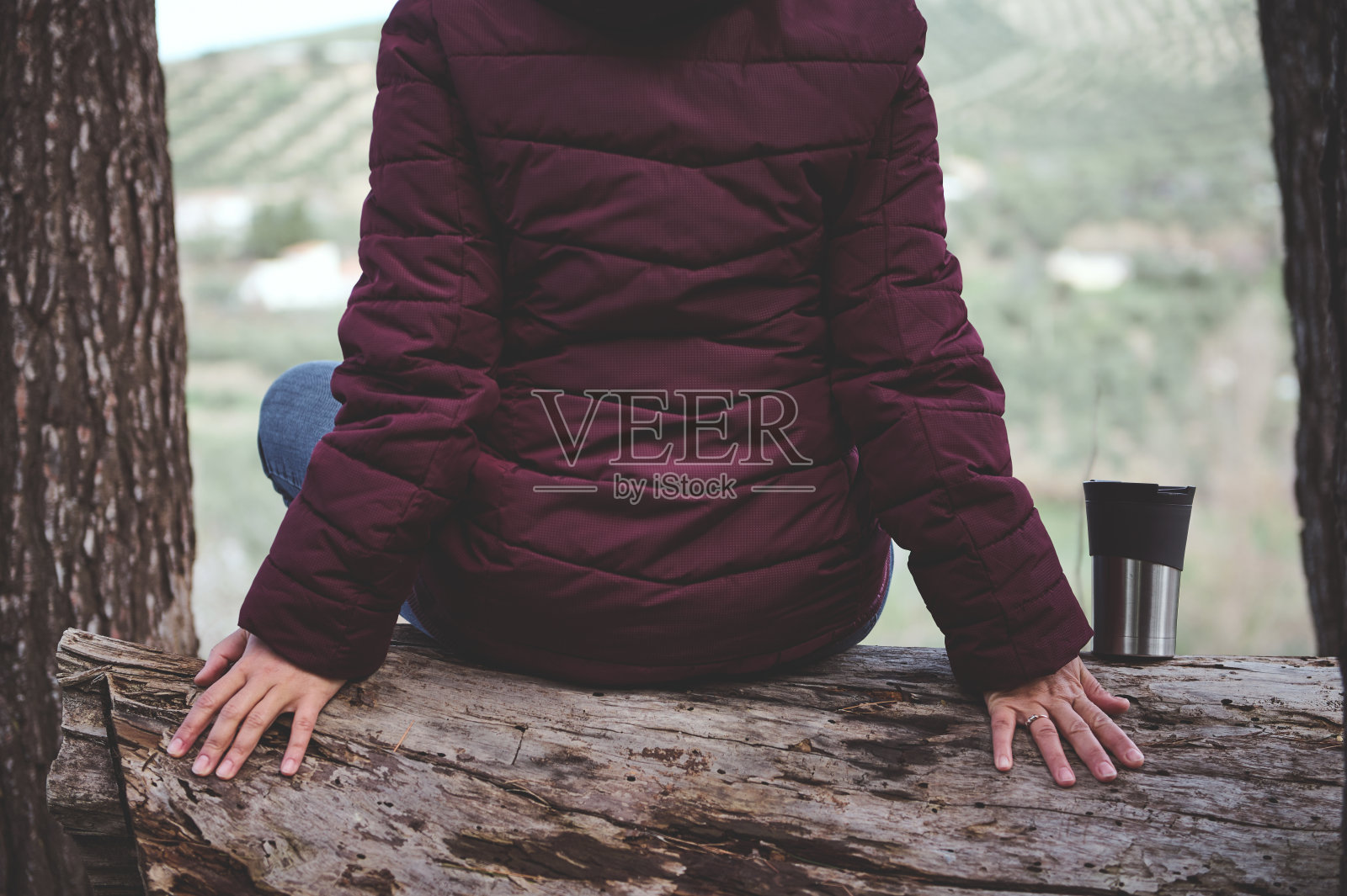 裁剪视图妇女与保温杯，坐回相机，欣赏美丽的山景照片摄影图片