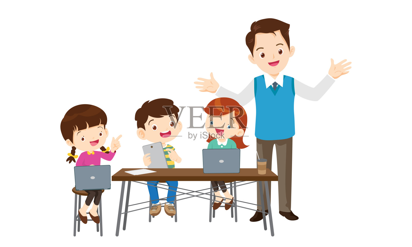 老师和孩子们正在学习计算机技术教育课程插画图片素材