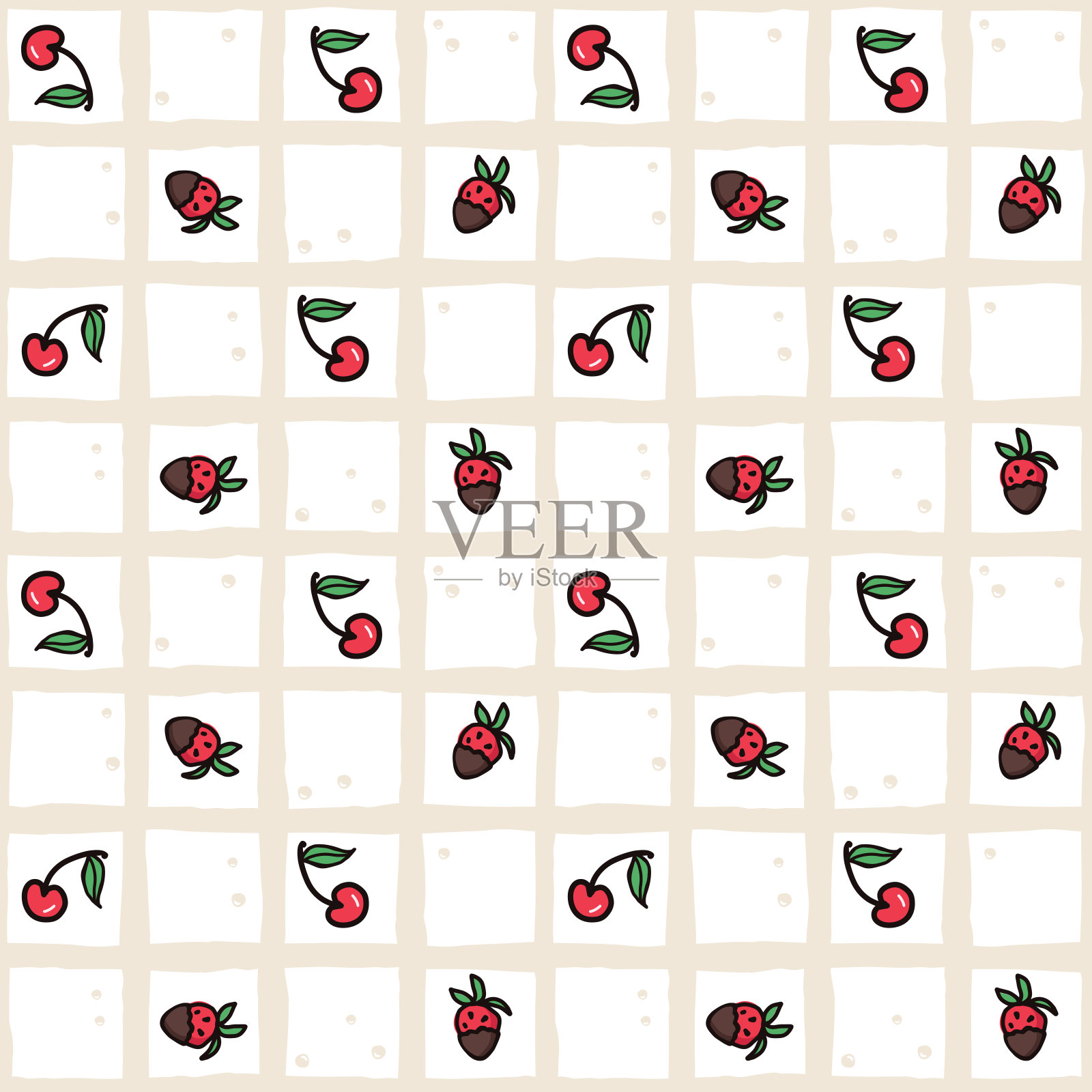 樱桃和草莓几何水果无缝图案。夏季浆果，水果与叶子，矢量背景。手绘涂鸦插图封面，织物，壁纸纹理，背景，婚礼邀请插画图片素材
