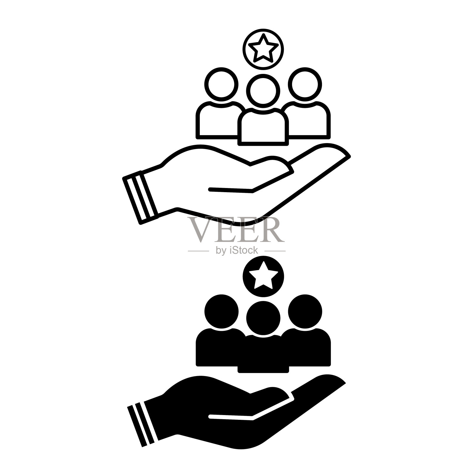 客户的图标。黑色和白色矢量图标。重要人物在手。客户的保留和保护。核心价值观插画图片素材