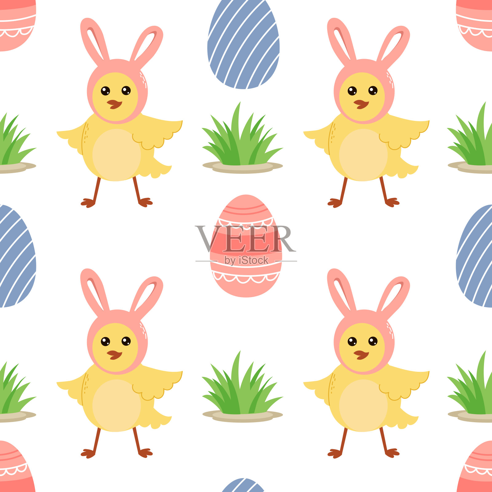 复活节无缝图案与可爱的小鸡，鸡蛋和草在白色的背景。节日明亮的背景印刷在包装，织物，纸张和其他表面。插画图片素材