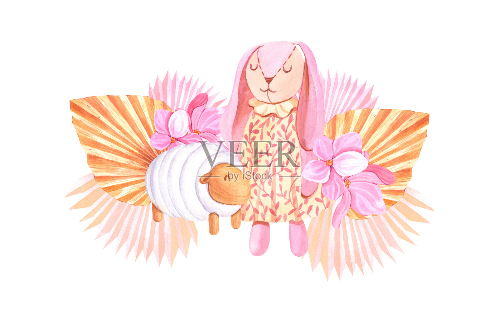 以波西米亚风格的木制热带棕榈树组成兔子、兔子和羔羊。设计标志，婴儿纺织品，印花，儿童房装饰，儿童装饰，婴儿房，面料或背景插画图片素材