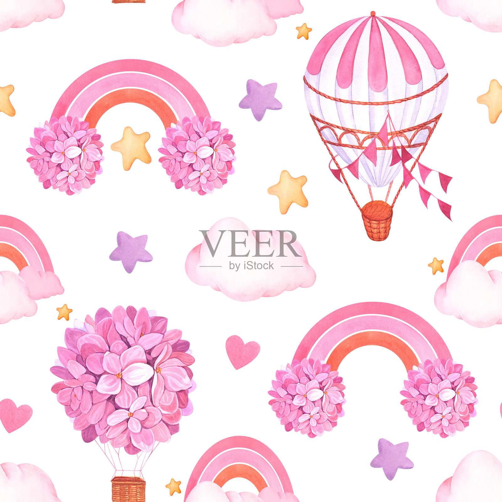 水彩无缝图案云，彩虹，气球和星星粉红色。为孩子衬衫设计，托儿所装饰，派对邀请，剪贴簿，包装，海报。插画图片素材