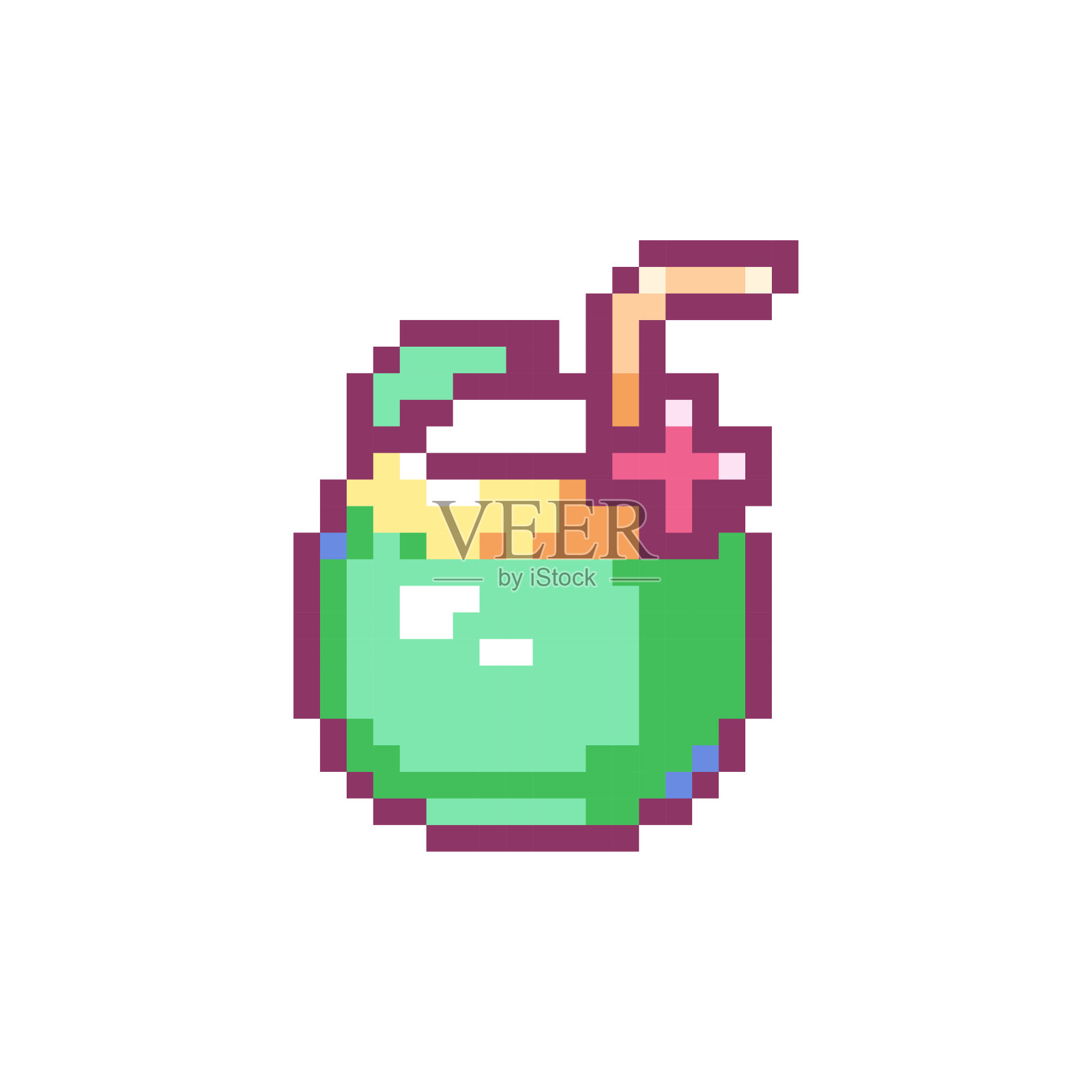 像素艺术椰子饮料图标。矢量Y2K 8Bit热带饮料贴纸。可爱的海滩度假鸡尾酒视频游戏元素夏天的乐趣。插画图片素材