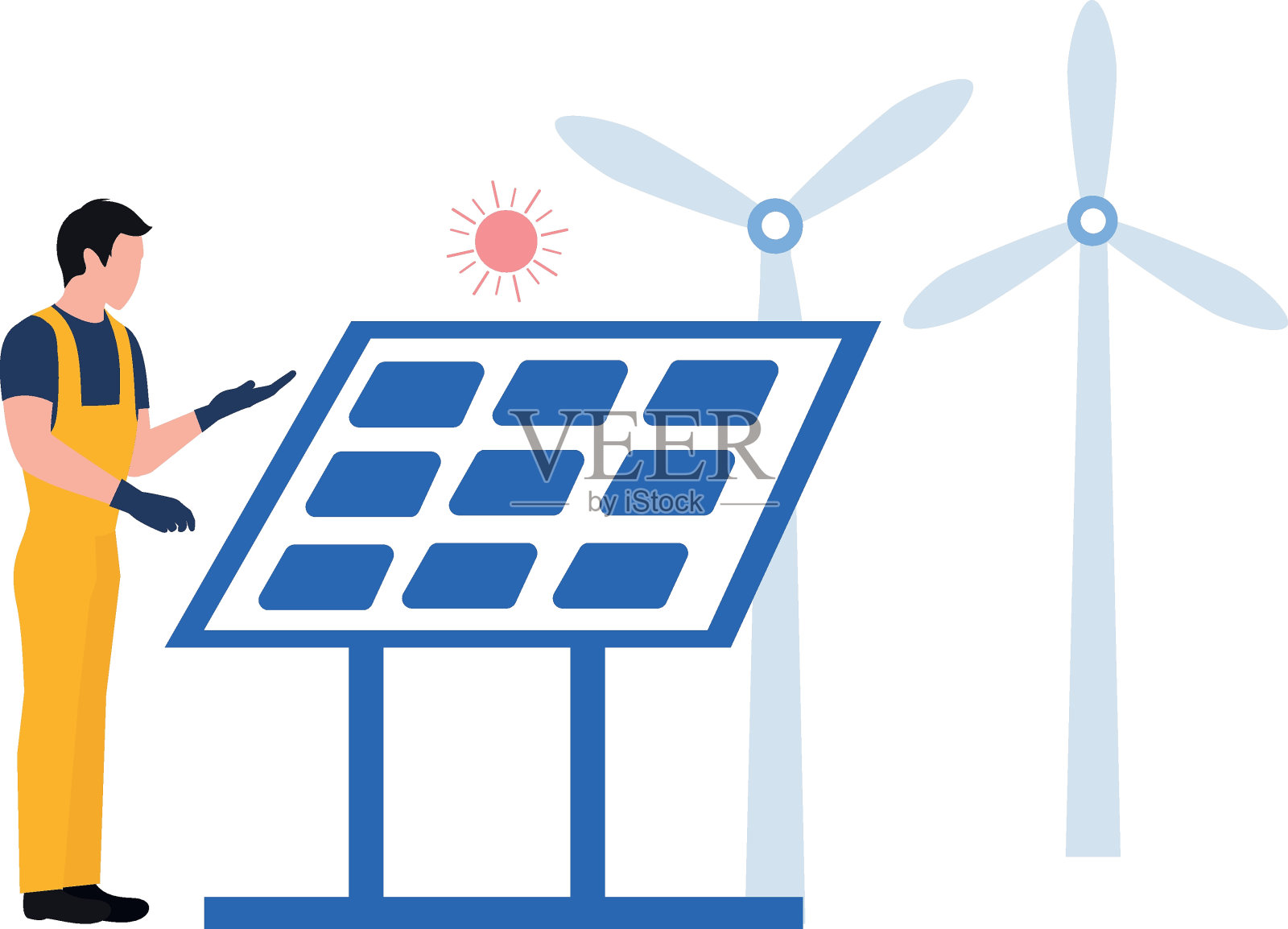 一名工人正在安装太阳能电池板。插画图片素材