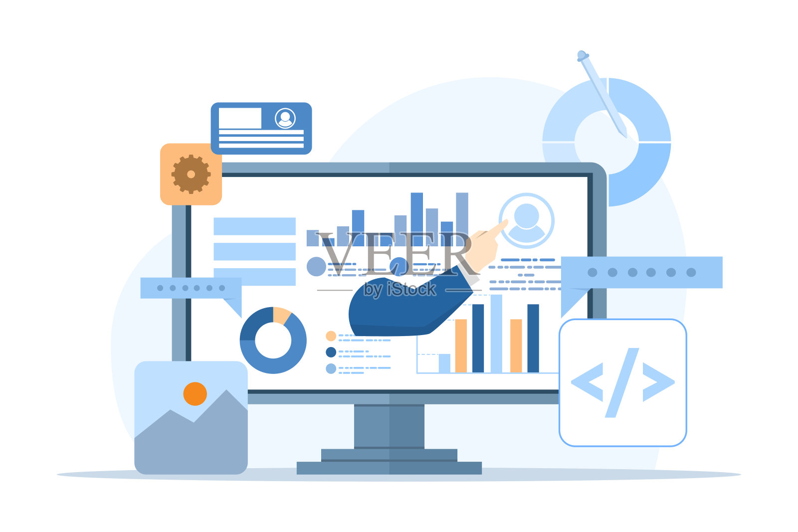 笔记本电脑屏幕上的界面元素和浏览器窗口的概念，网页设计，UI UX，软件开发，网页设计，应用程序设计，编码，网页开发，白底平面插图。插画图片素材