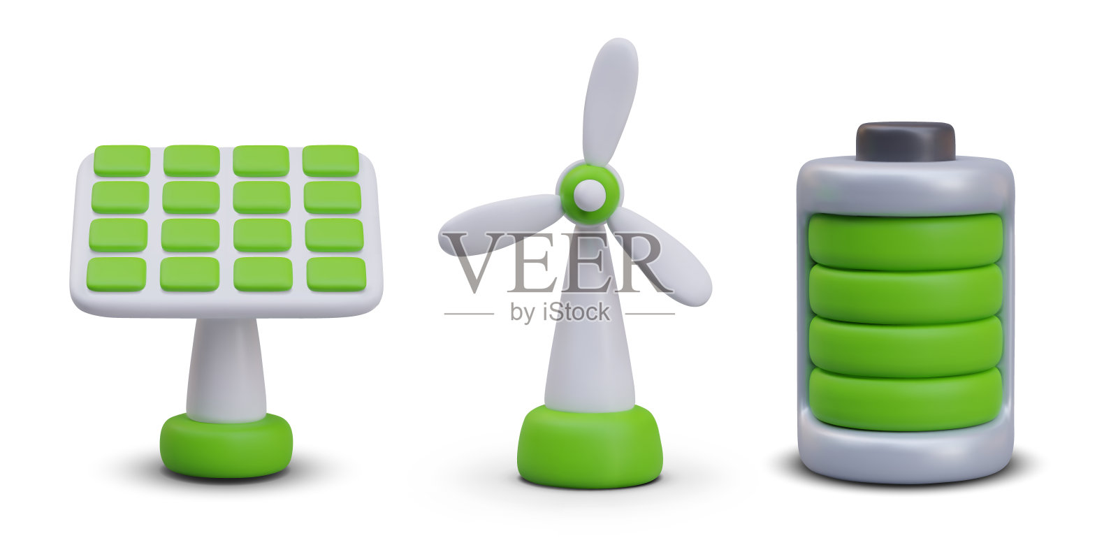 太阳能电池板，风车，巨大的充电电池。一组自然能量的矢量对象插画图片素材