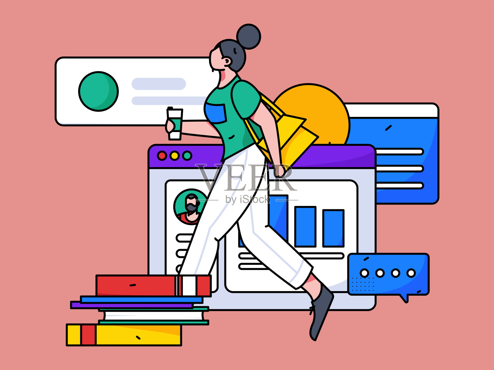 平面矢量插图的业务人员操作的工作场景插画图片素材