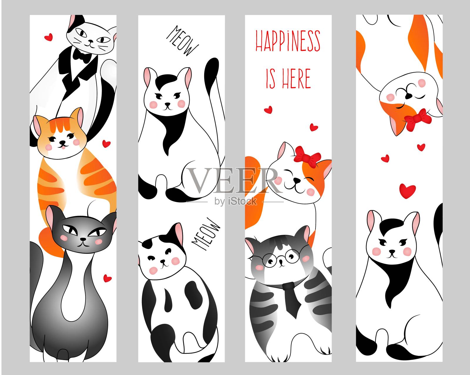 设置书签与许多不同的红色，灰色，黑色和白色的猫在白色的背景。矢量插图的儿童。插画图片素材