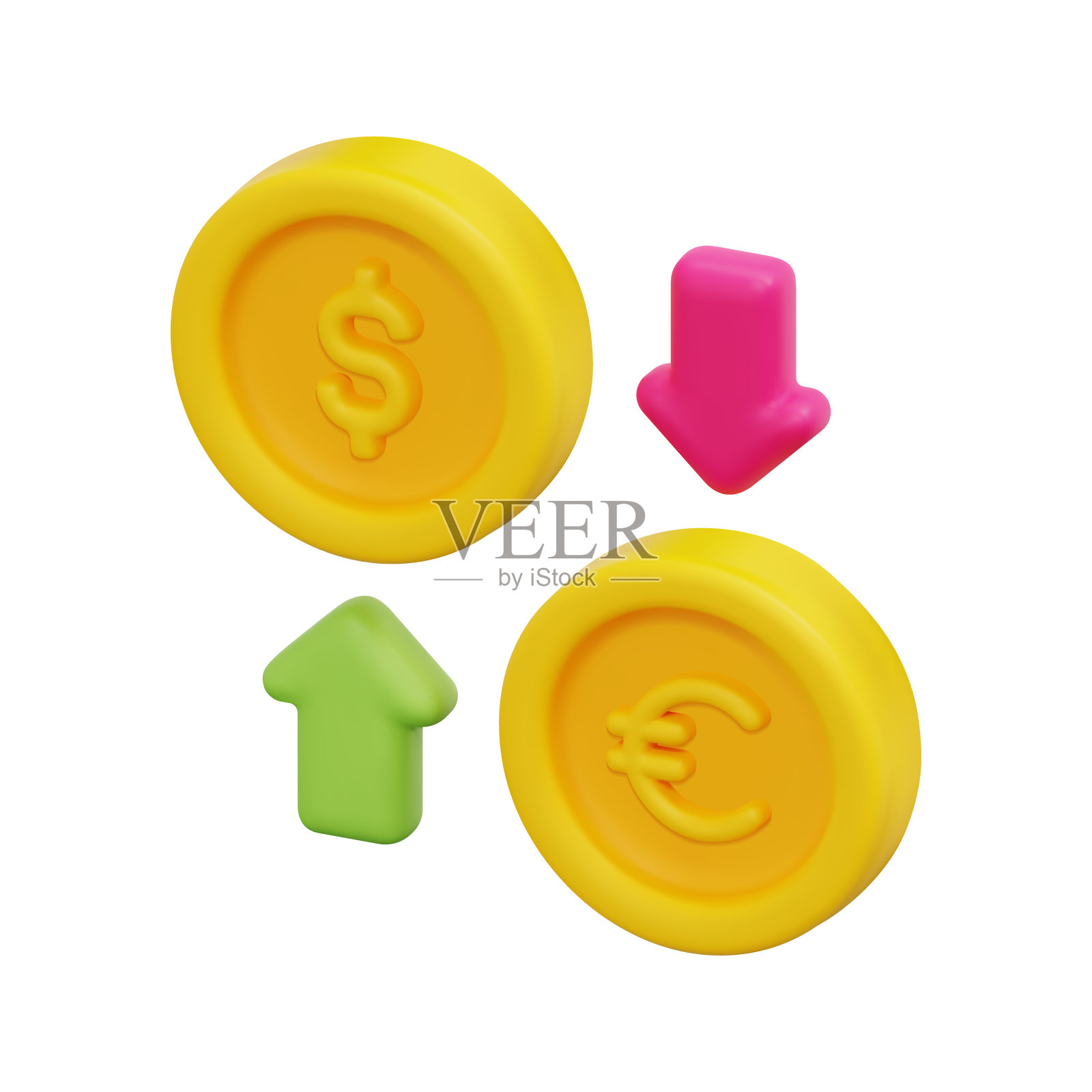 三维矢量货币兑换图标。孤立在白色背景上。3d投资，欧元兑换美元，商业和金融概念。卡通极简风格。3d货币转换图标矢量渲染插图。插画图片素材