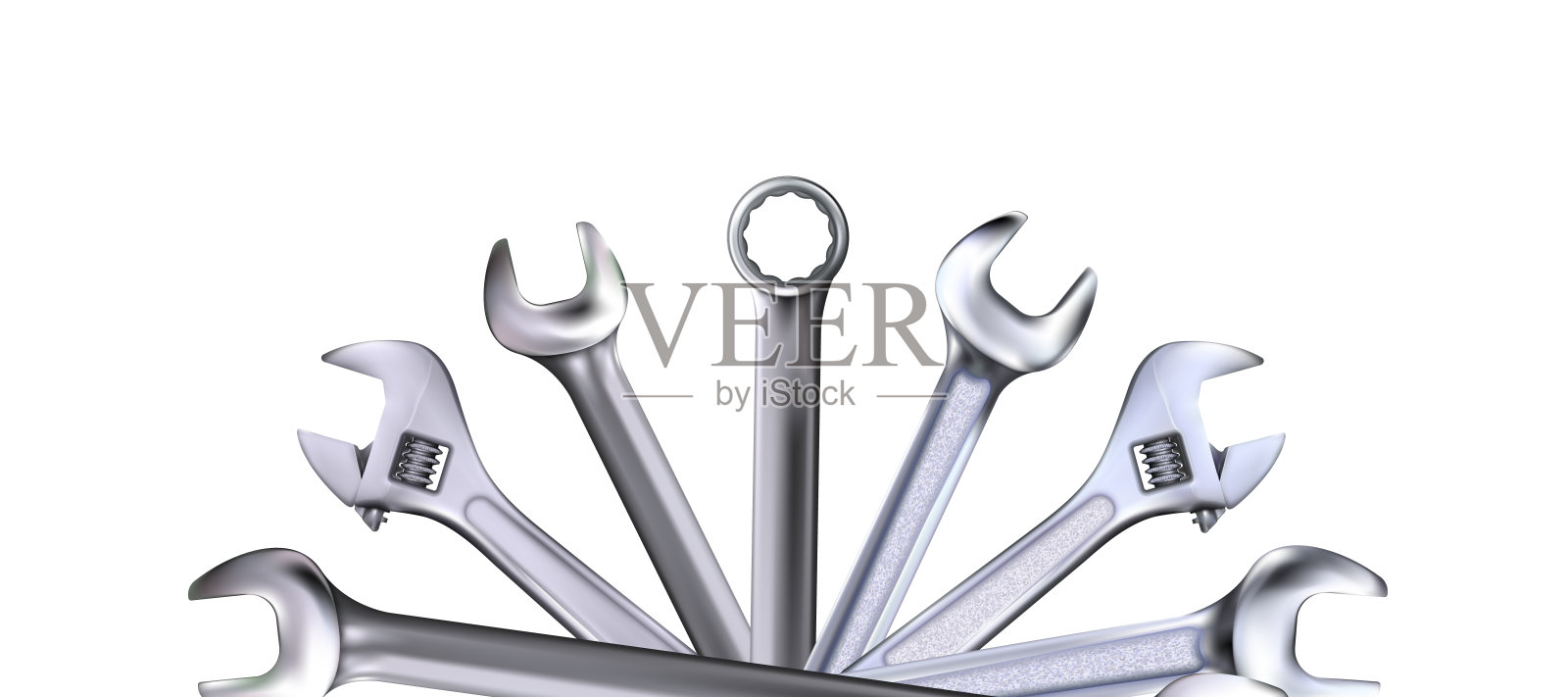 角度装饰组成从现实的扳手或扳手孤立在白色背景。逼真的铬金属工具。插图。插画图片素材