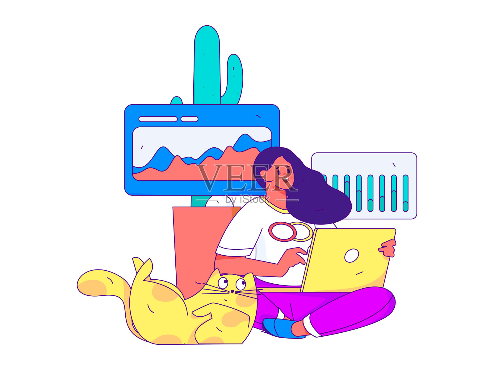 平面矢量插图的业务人员操作的工作场景插画图片素材