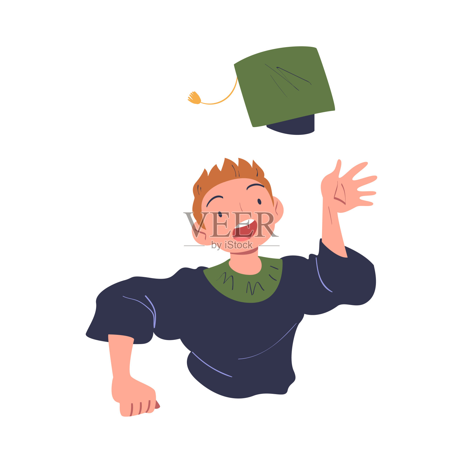 快乐的男人研究生性格扔学术帽在空中欢呼和庆祝成功的考试矢量插图插画图片素材