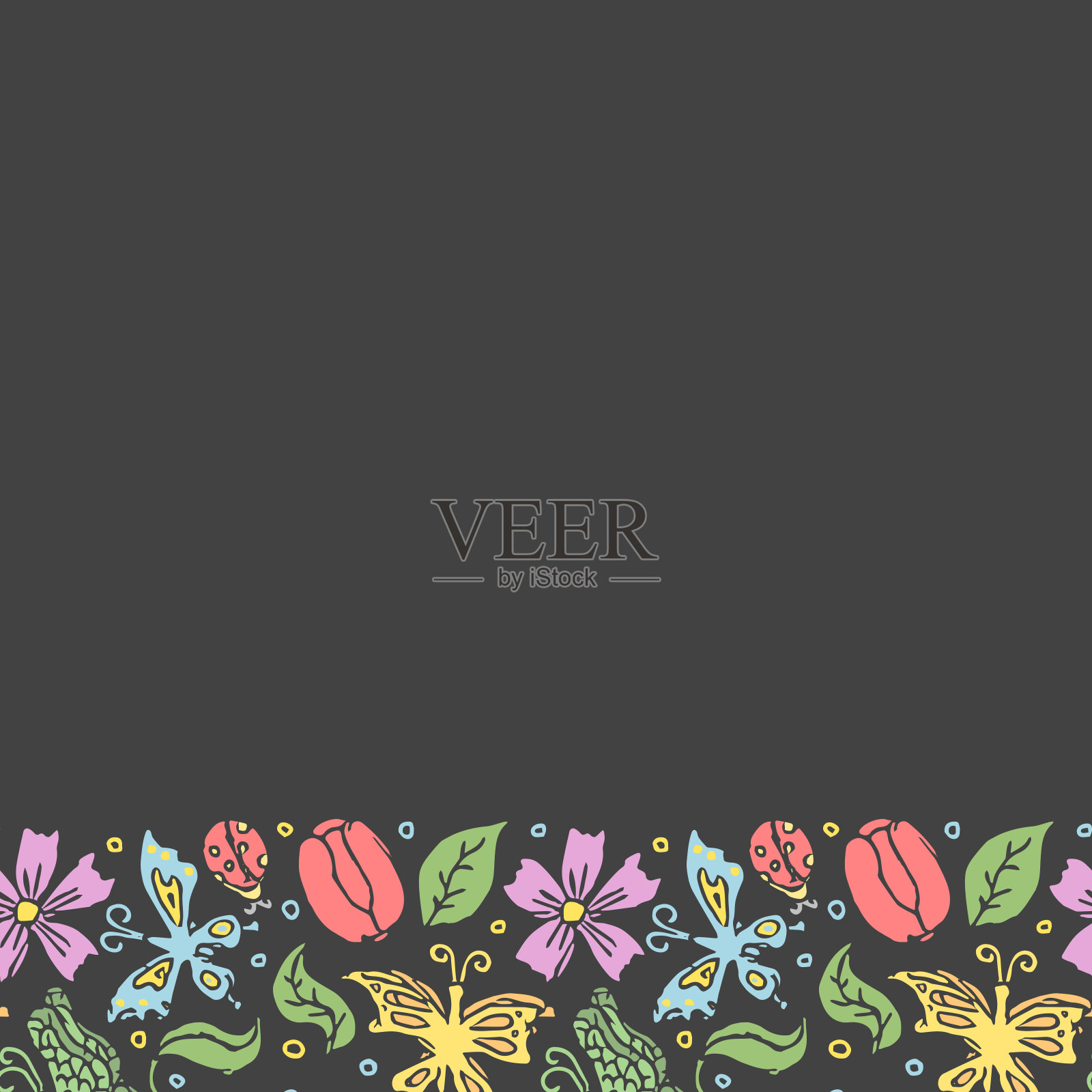 春天的花朵框架，花，蝴蝶，蜜蜂和瓢虫。无缝花朵背景插画图片素材