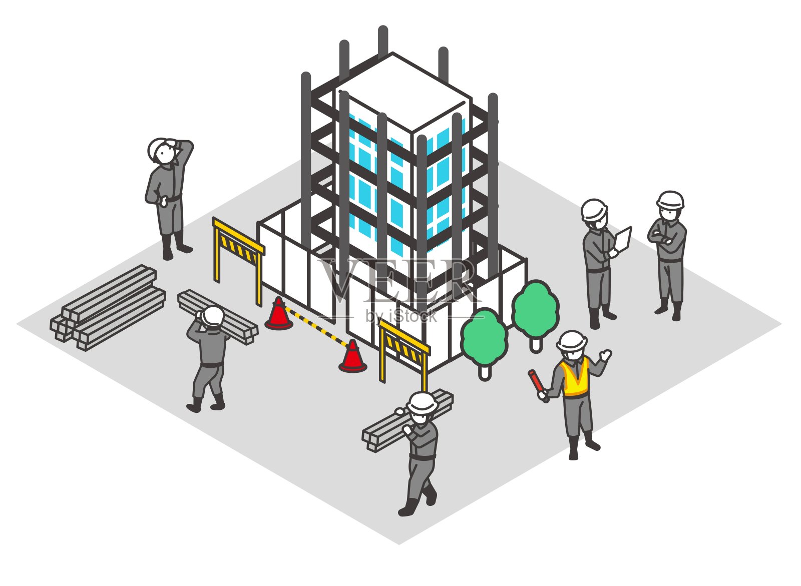 正在建设的建筑物和建筑物街道的等距矢量插图材料插画图片素材