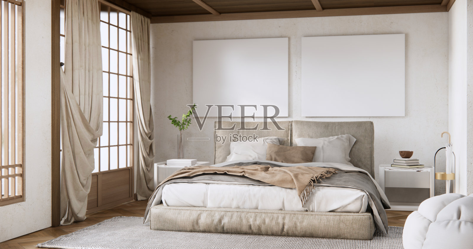 卧室日式简约风格。，现代的白墙和木地板，房间极简主义。照片摄影图片