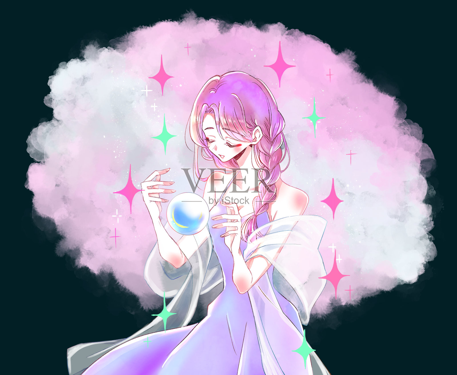 水晶球和算命的女人插画图片素材