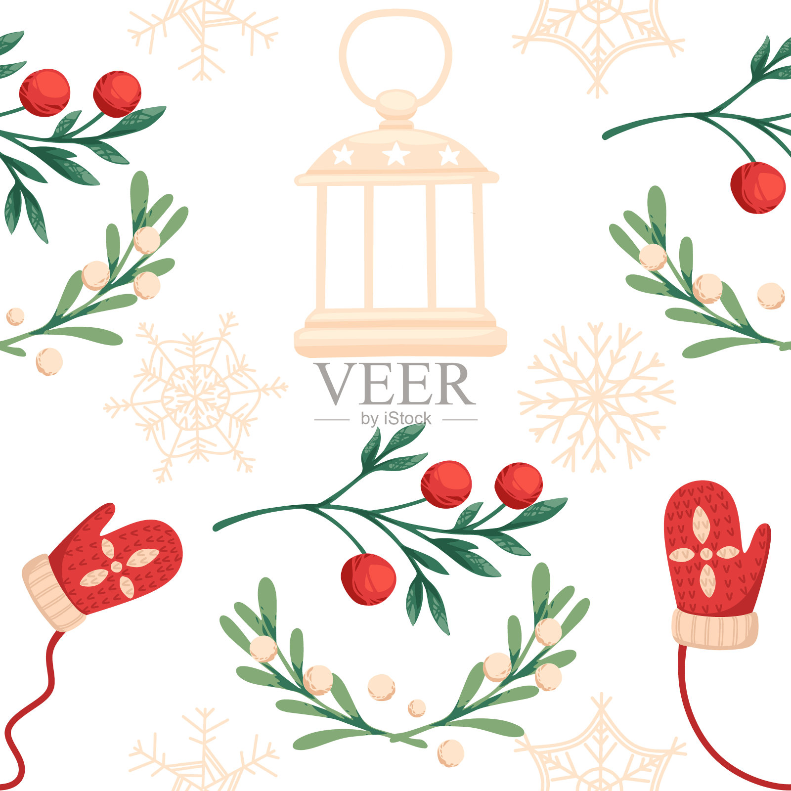 无缝图案与圣诞风格与手套和槲寄生矢量插图白色背景插画图片素材