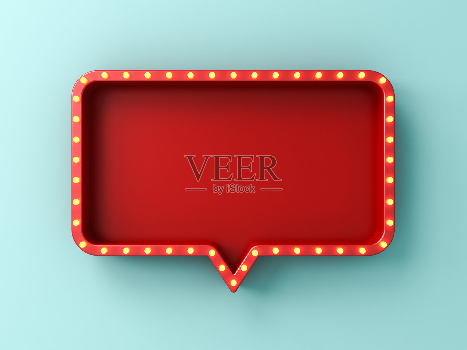 空白红色圆角矩形语音气泡招牌与复古霓虹灯灯泡隔离在浅蓝色粉彩或青色墙壁背景与阴影3D渲染照片摄影图片