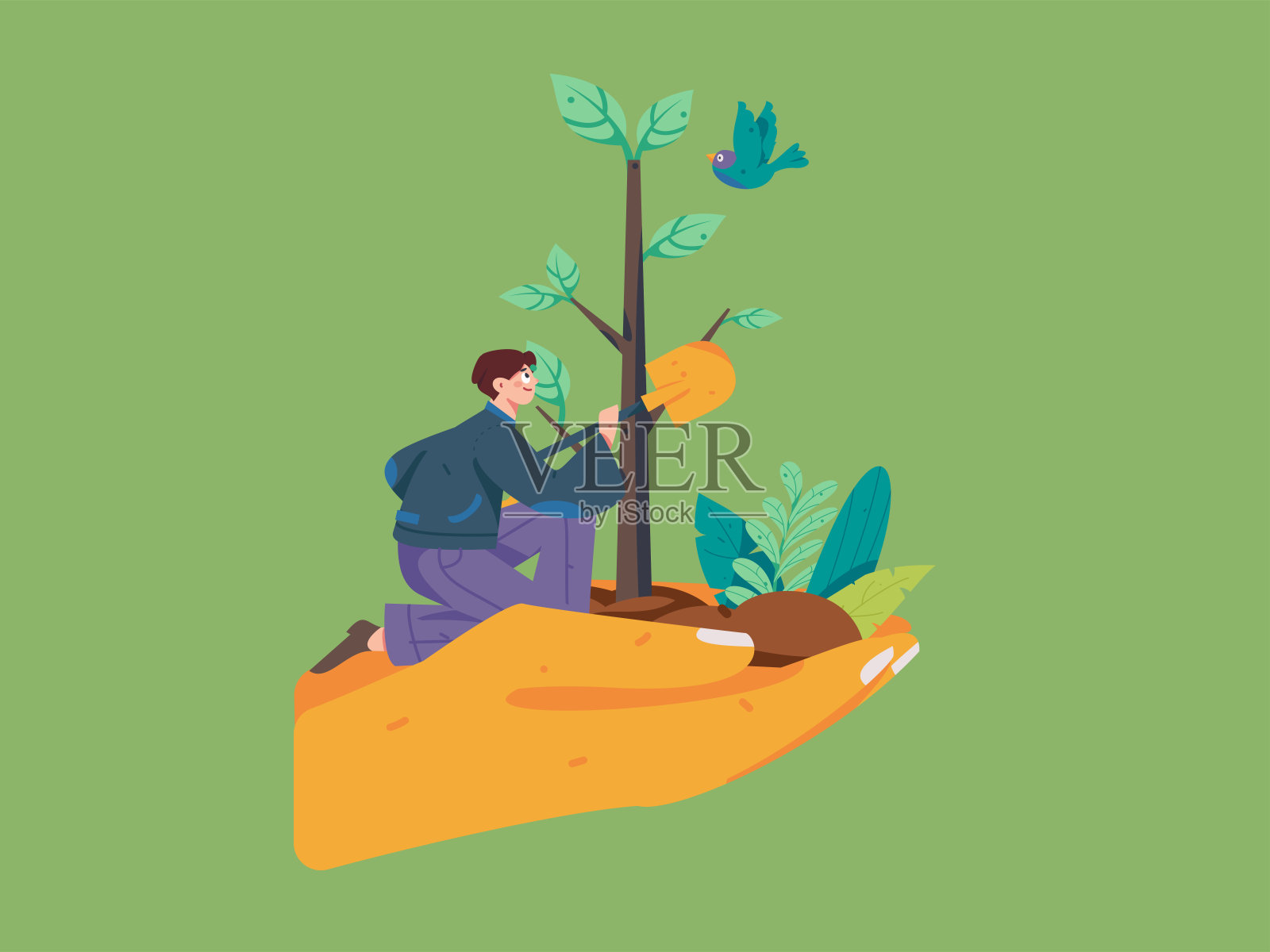 平面字符矢量概念操作手绘插图植树节植树在春天插画图片素材