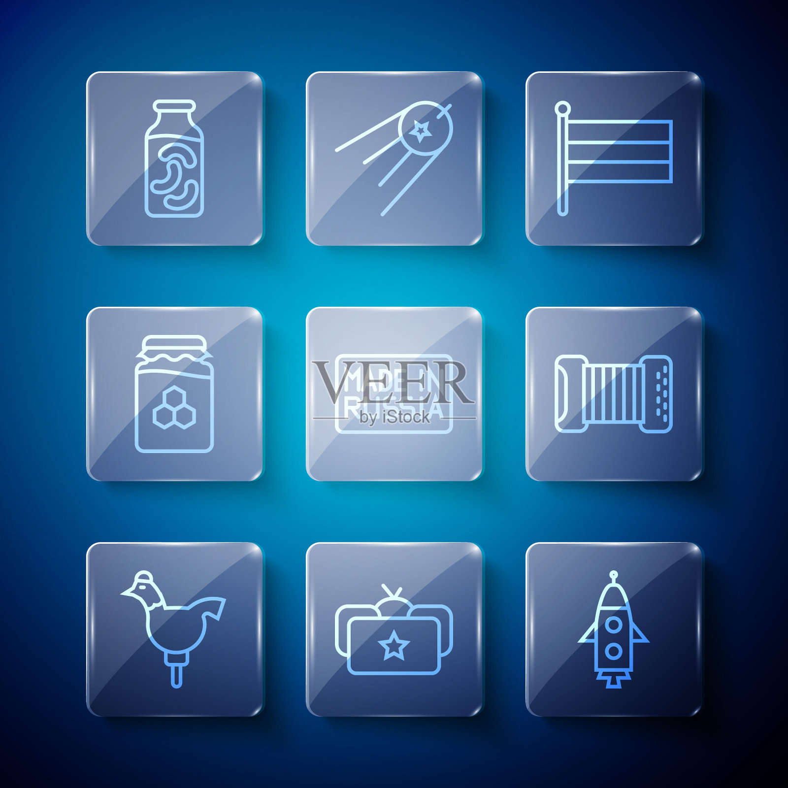 集线公鸡棒棒糖，乌山卡，火箭船，俄罗斯国旗，制造，蜂蜜罐，腌黄瓜罐和手风琴图标。向量插画图片素材