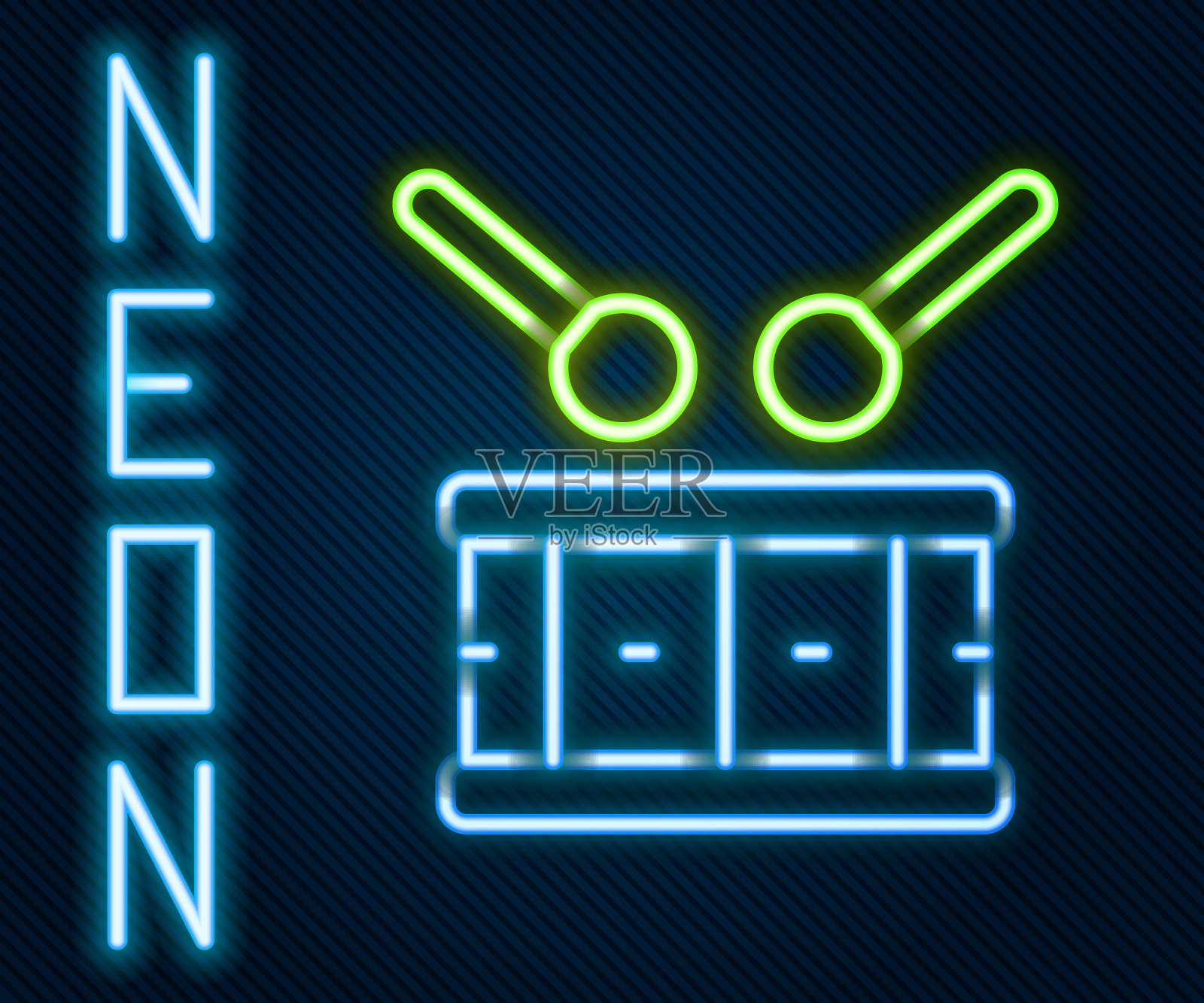 发光的霓虹灯线鼓与鼓棒图标孤立的黑色背景。音乐符号。乐器符号。色彩缤纷的轮廓概念。向量插画图片素材