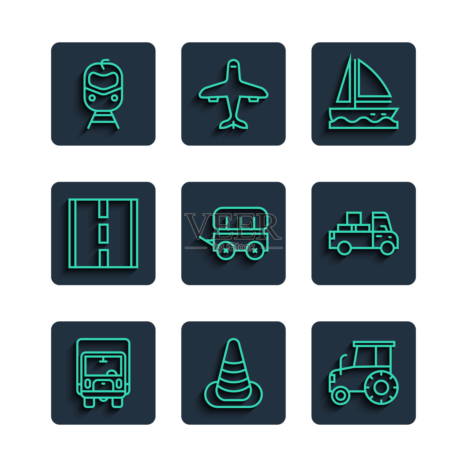 集线交付货物卡车，交通锥，拖拉机，游艇帆船，狂野西部篷车，公路，火车和铁路和图标。向量插画图片素材