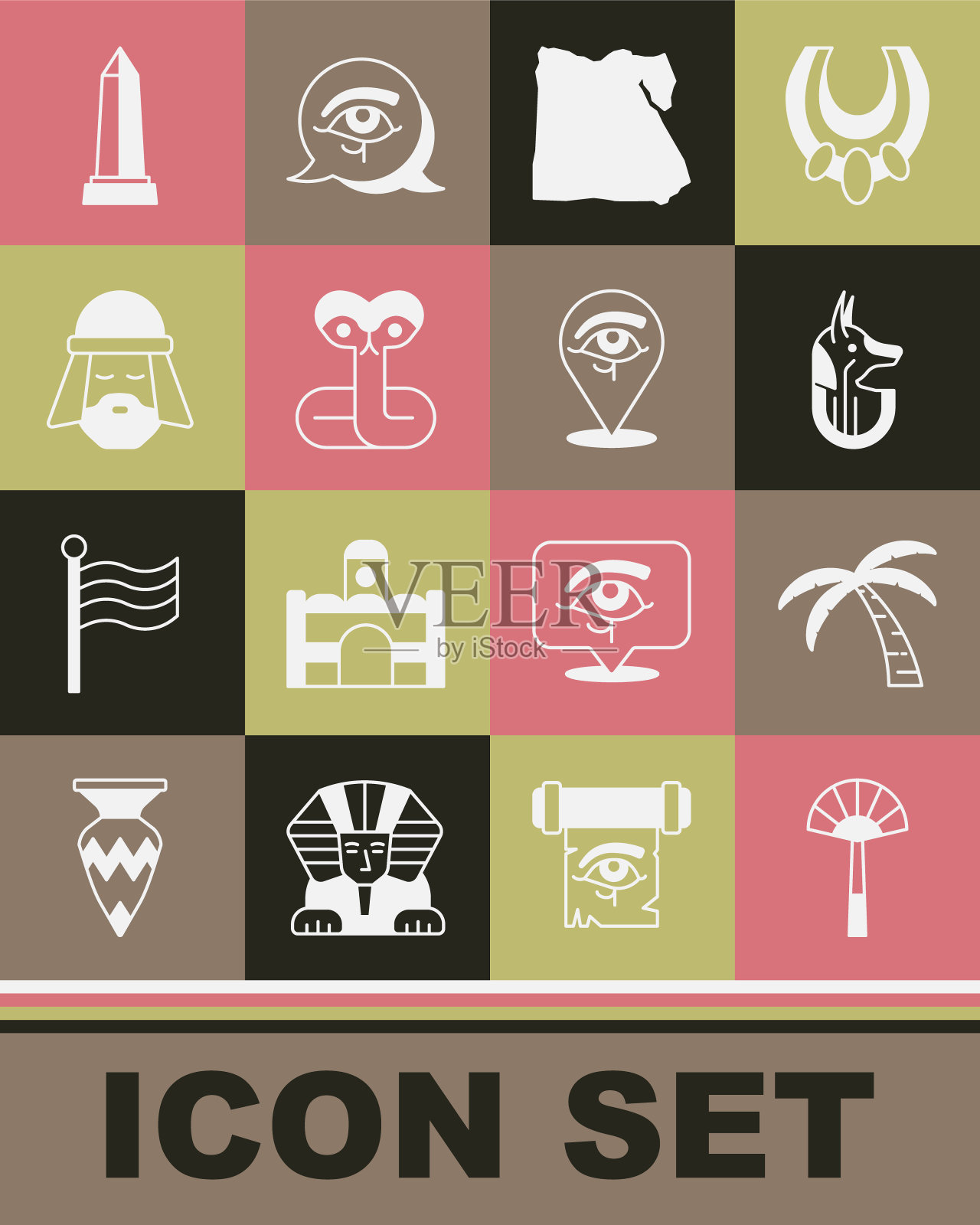 集埃及扇，热带棕榈树，阿努比斯，地图，蛇，人，方尖碑亚历山大和眼睛荷鲁斯图标。向量插画图片素材