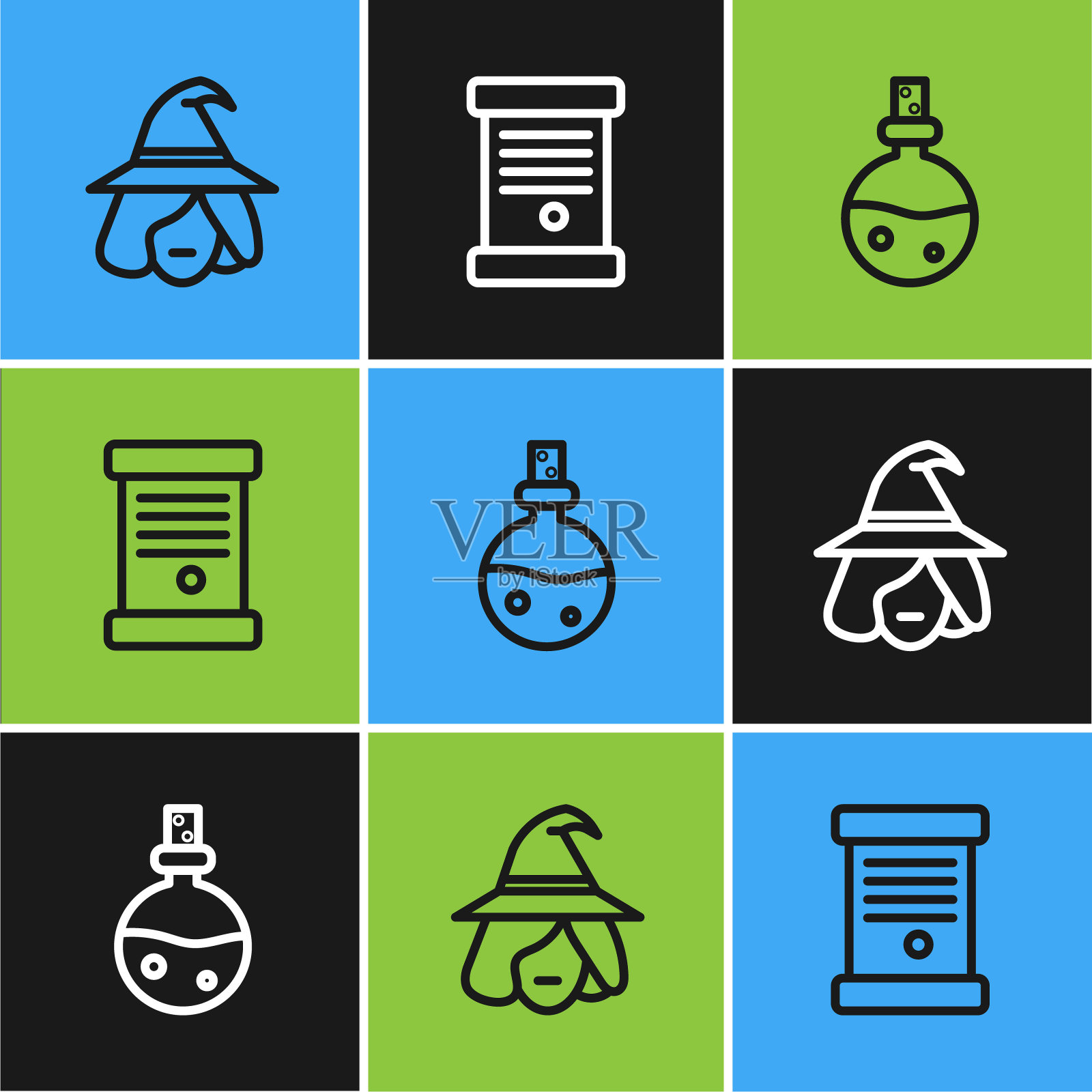 设置线女巫，瓶子与爱情药水和法令，纸，羊皮纸，卷轴图标。向量插画图片素材