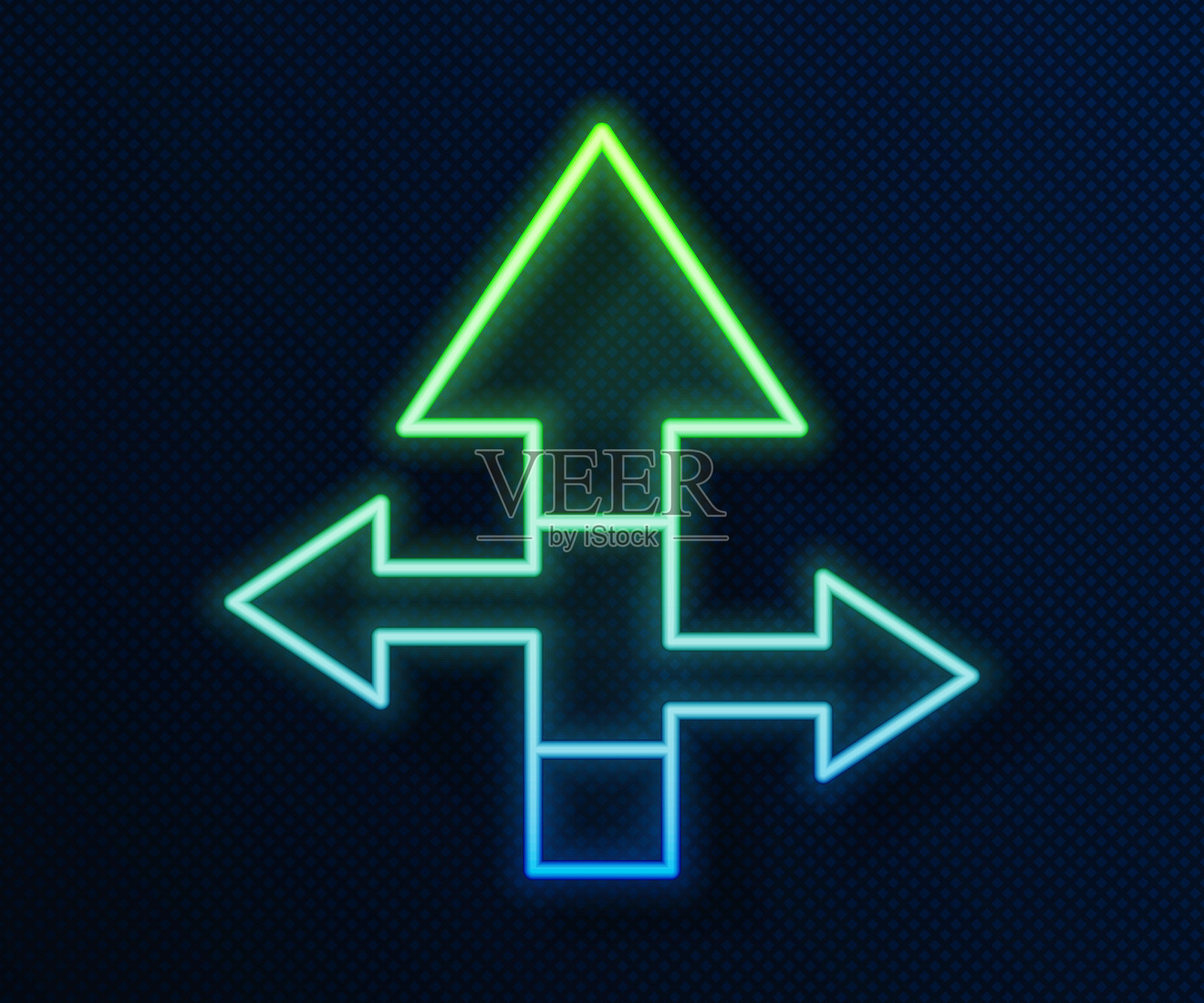 发光的霓虹线箭头图标孤立的蓝色背景。方向箭头符号。导航指针标志。向量插画图片素材