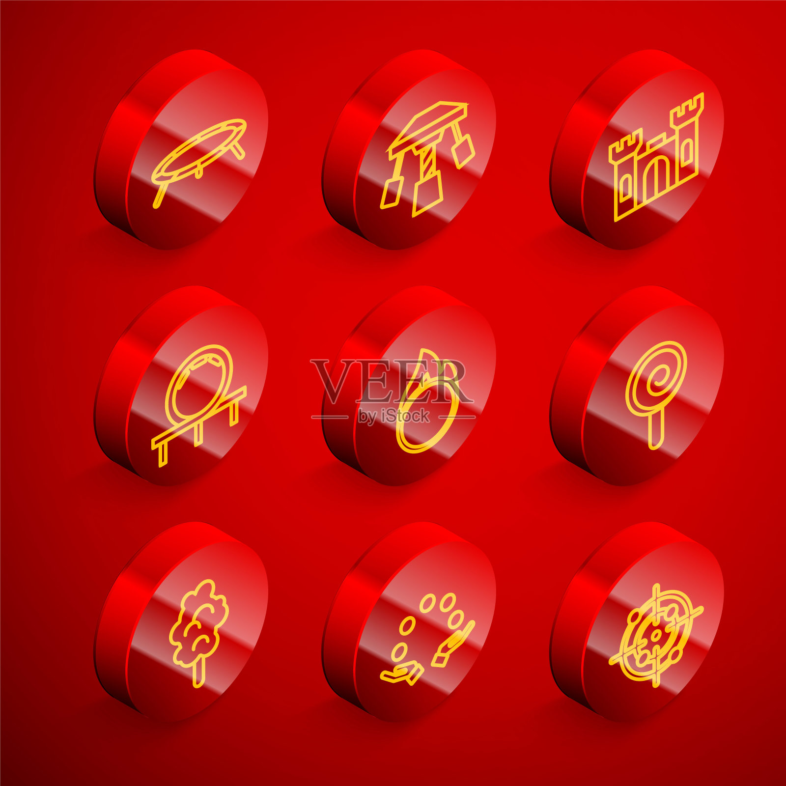 设置线跳跃蹦床，吸引旋转木马，城堡，过山车，马戏团火圈，棒棒糖，棉花糖和杂耍球图标。向量插画图片素材