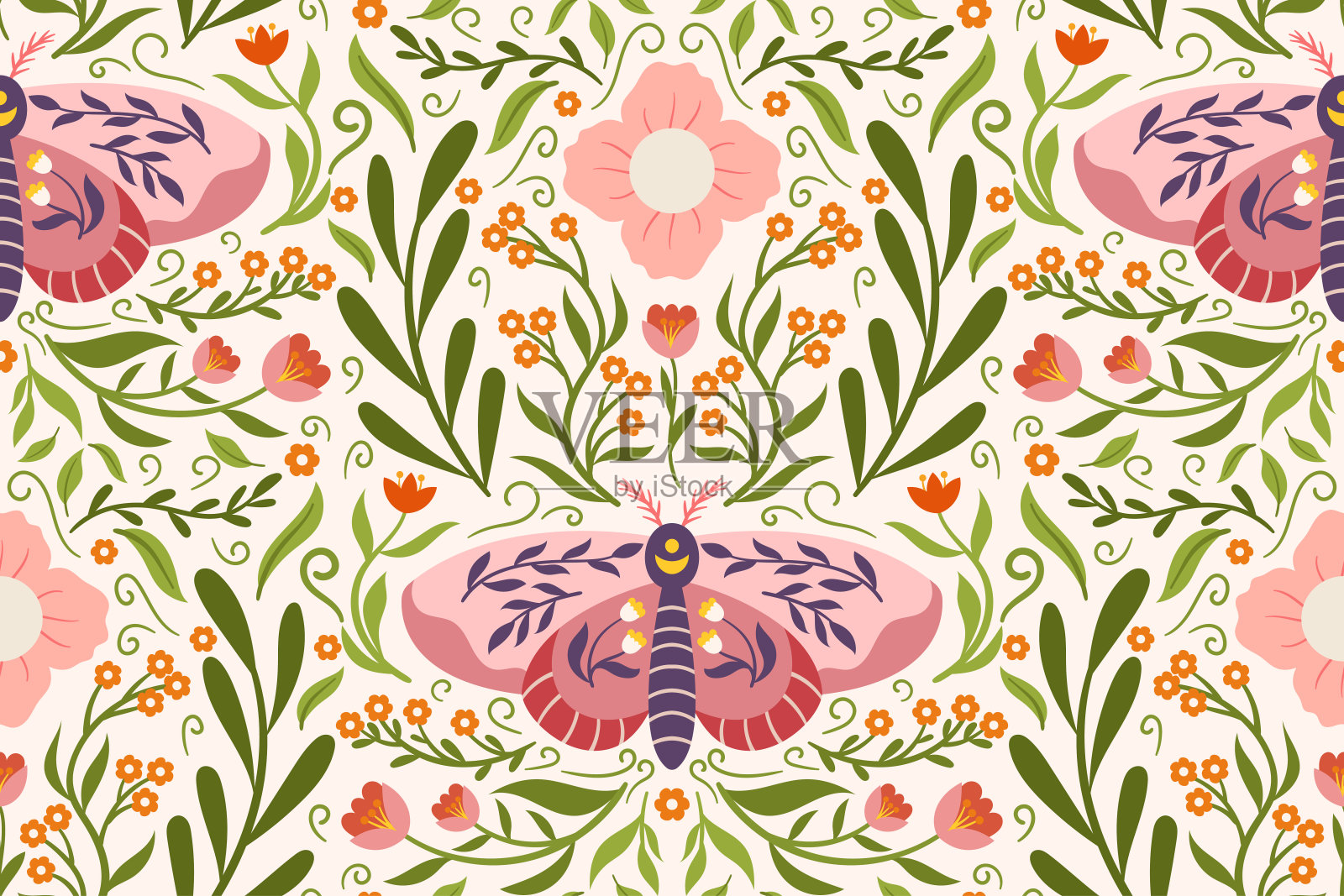 连续的设计以异想天开的飞蛾、花朵和树叶为特色。精致的民间风格斯堪的纳维亚图案，适合在织物、包装纸和其他应用上印刷。插画图片素材