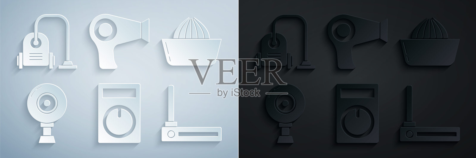 设置遥控器，柑橘榨汁机，网络摄像头，路由器和wi-fi信号，吹风机和吸尘器图标。向量插画图片素材