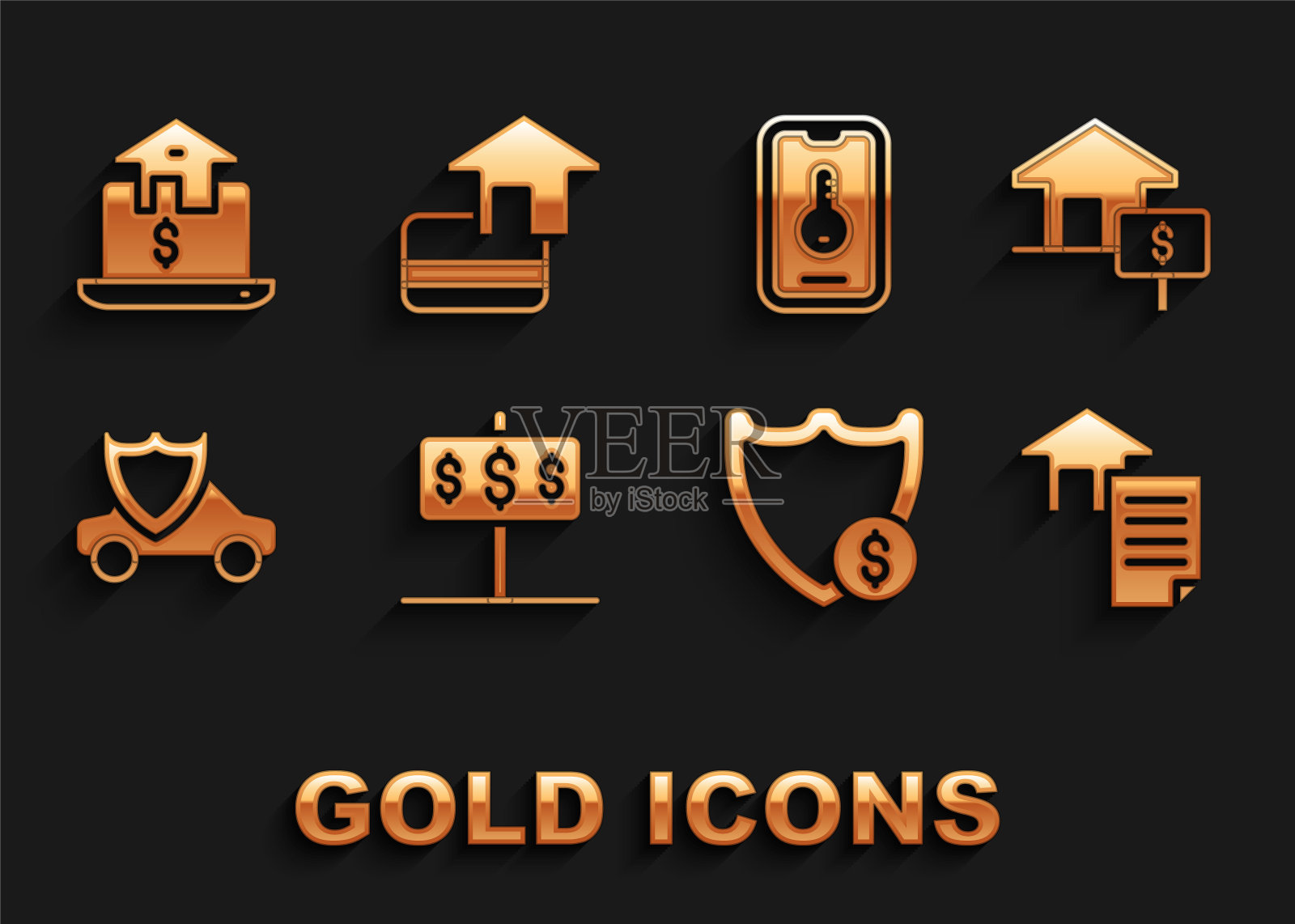 设置房子与美元，合同，盾牌，汽车盾牌，在线房地产和信用卡图标。向量插画图片素材