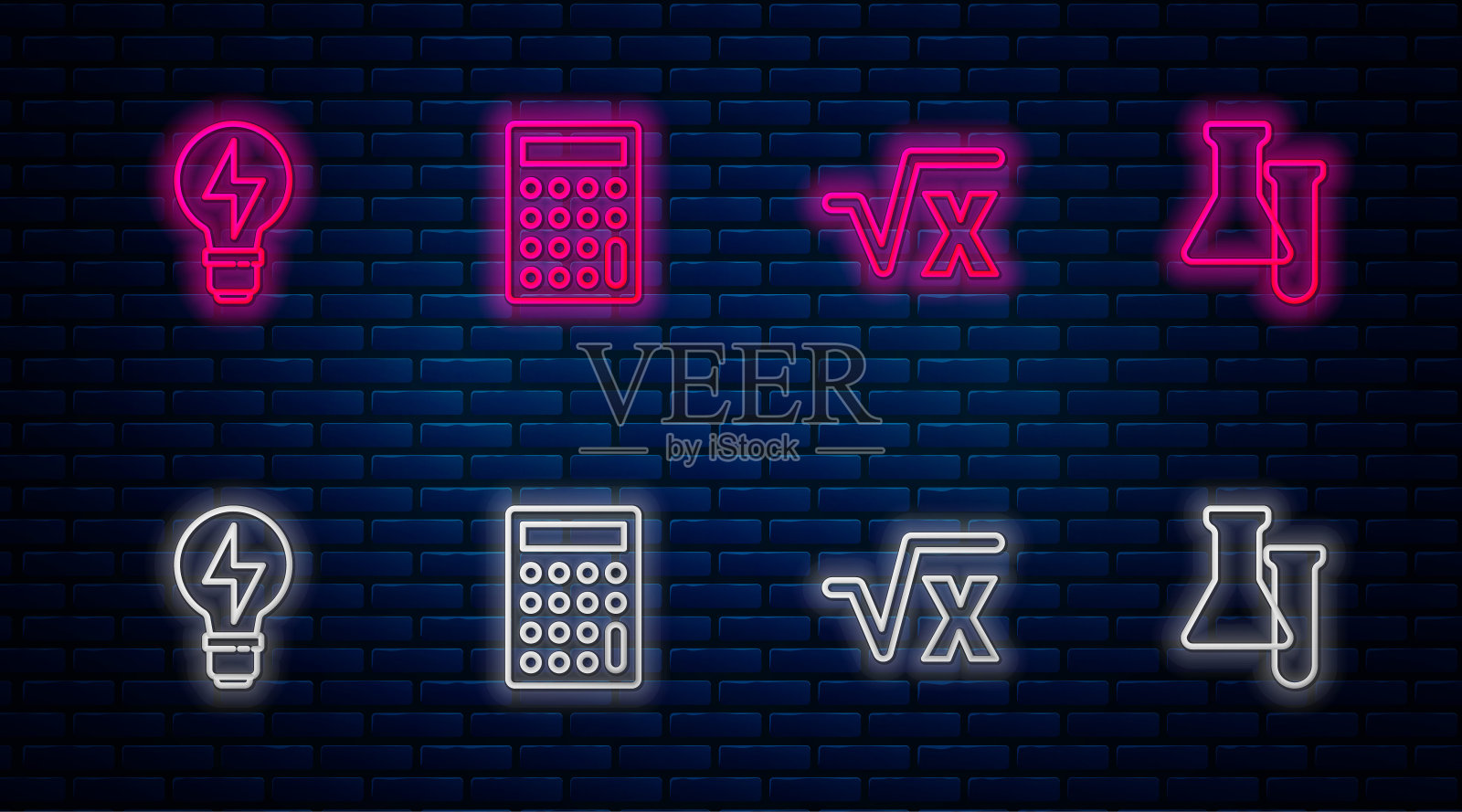 设置线计算器，平方根x字形，电灯泡与闪电和试管和烧瓶。砖墙上发光的霓虹灯图标。向量插画图片素材