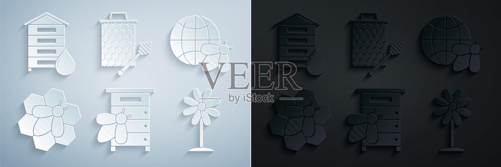 设置蜂巢蜜蜂，蜂巢地图的世界和，蜜蜂蜂巢，花，与勺子粘图标和图标。向量插画图片素材