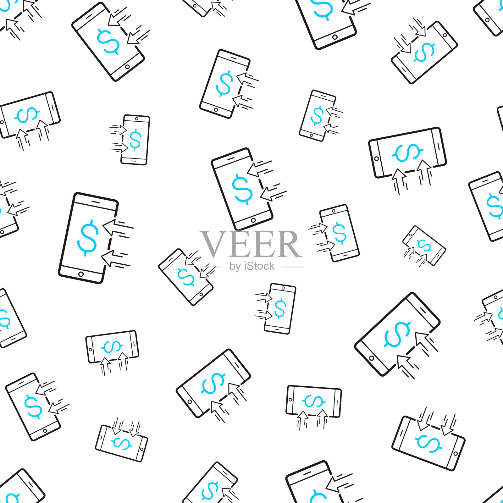 用智能手机收美元。无缝模式。白色背景上的线条图标插画图片素材
