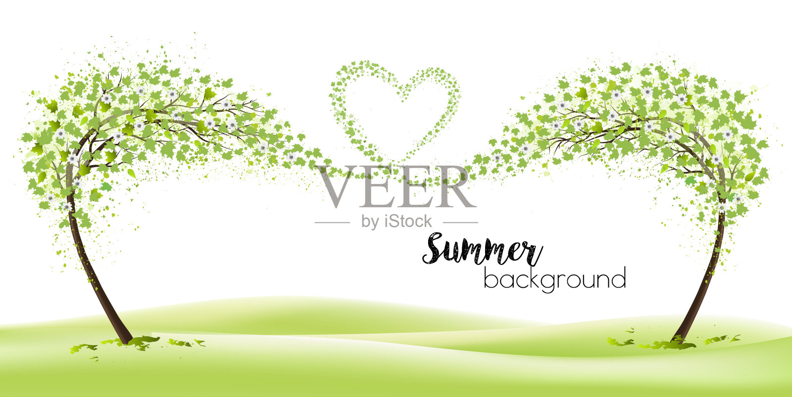 夏天的背景与风格化的树代表季节-夏天。树上开着夏天的飞花，树叶被收集成心形。向量。插画图片素材