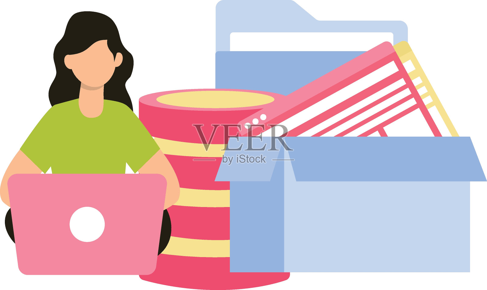 这个女孩正在摆弄笔记本电脑。插画图片素材