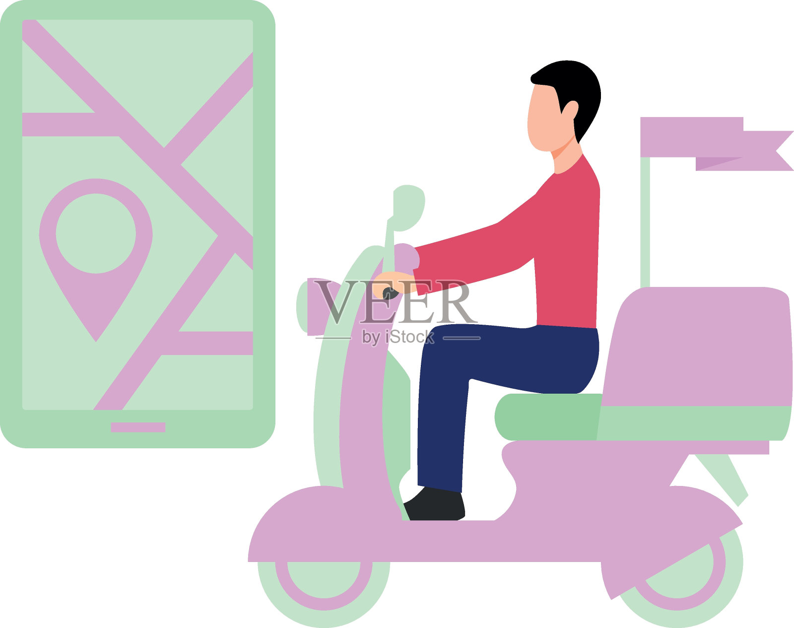 一个男孩骑着摩托车送包裹。插画图片素材