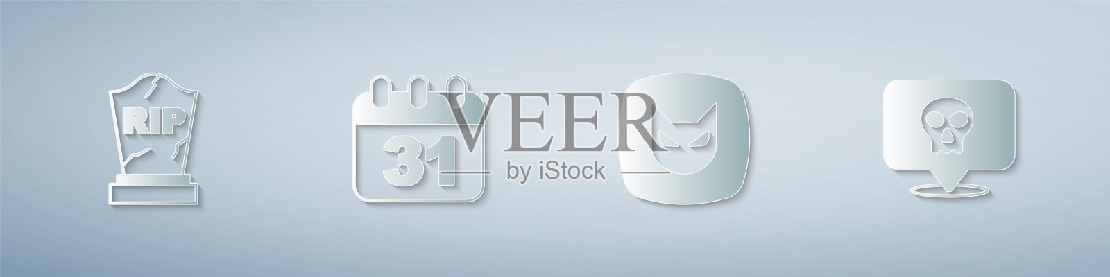 设置墓碑与RIP写，万圣节日期10月31日，黑猫和骷髅。纸艺风格。向量插画图片素材