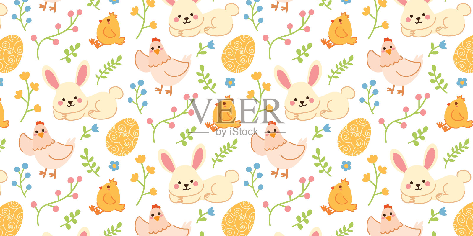 可爱的手绘复活节快乐无缝图案与兔子和鸡。背景有花，复活节彩蛋，兔子，母鸡和树叶。平面矢量插图。春季图案横幅，海报，封面设计模板，社交媒体。插画图片素材