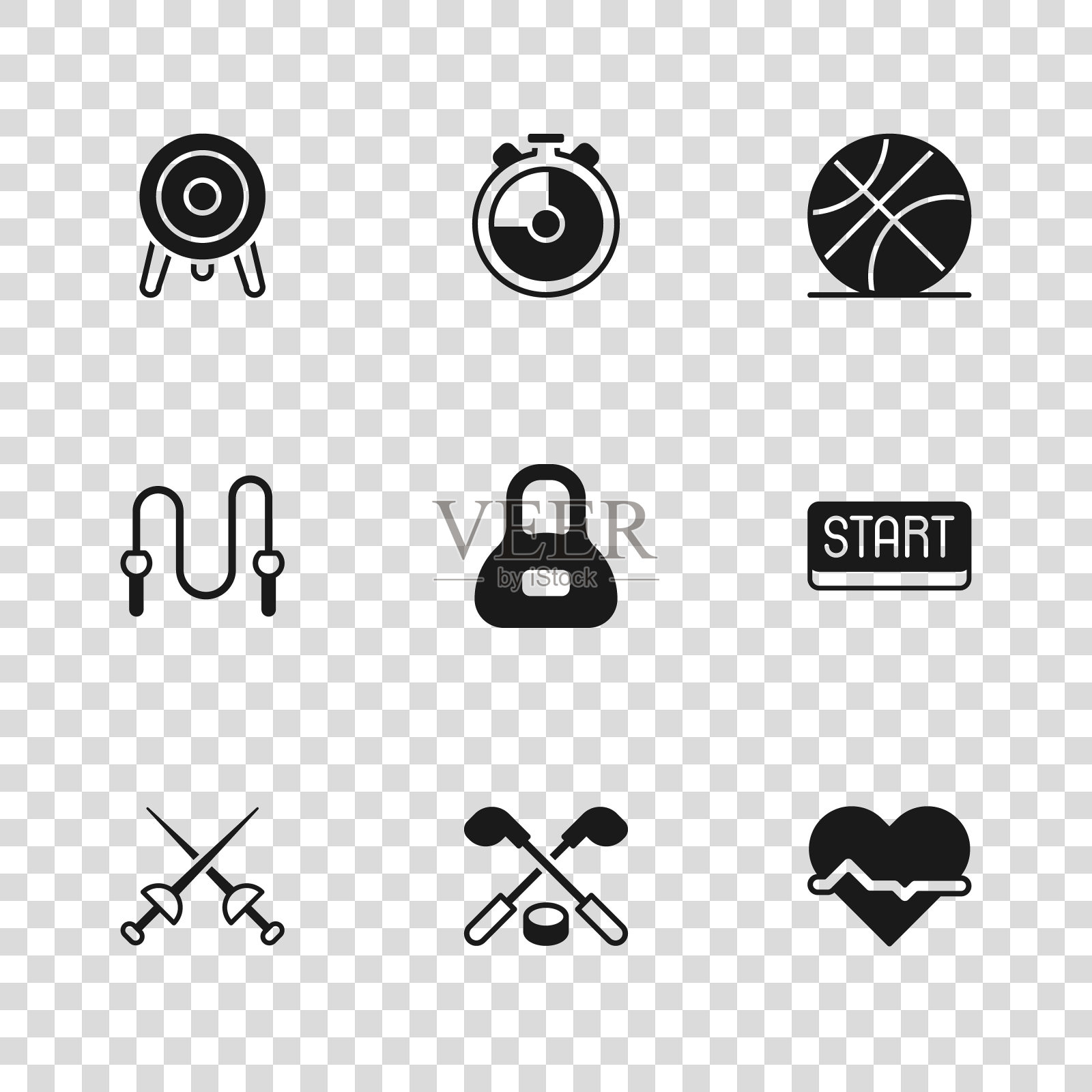 集冰球棒和冰球，丝带在终点线，心率，重量，篮球，目标运动，秒表和跳绳图标。向量插画图片素材