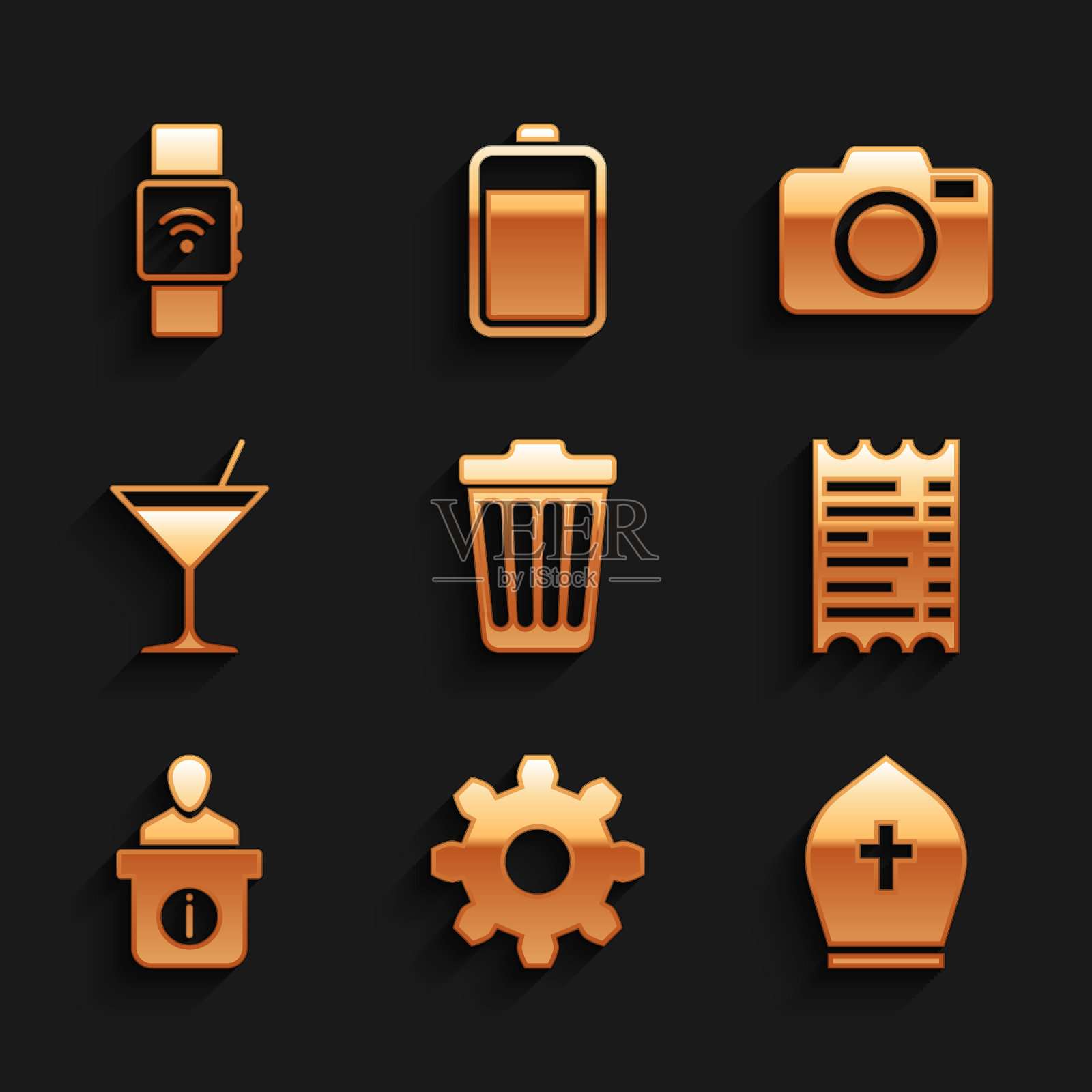 设置垃圾桶，齿轮齿轮设置，教皇帽，纸或财务检查，咨询台和马提尼玻璃图标。向量插画图片素材