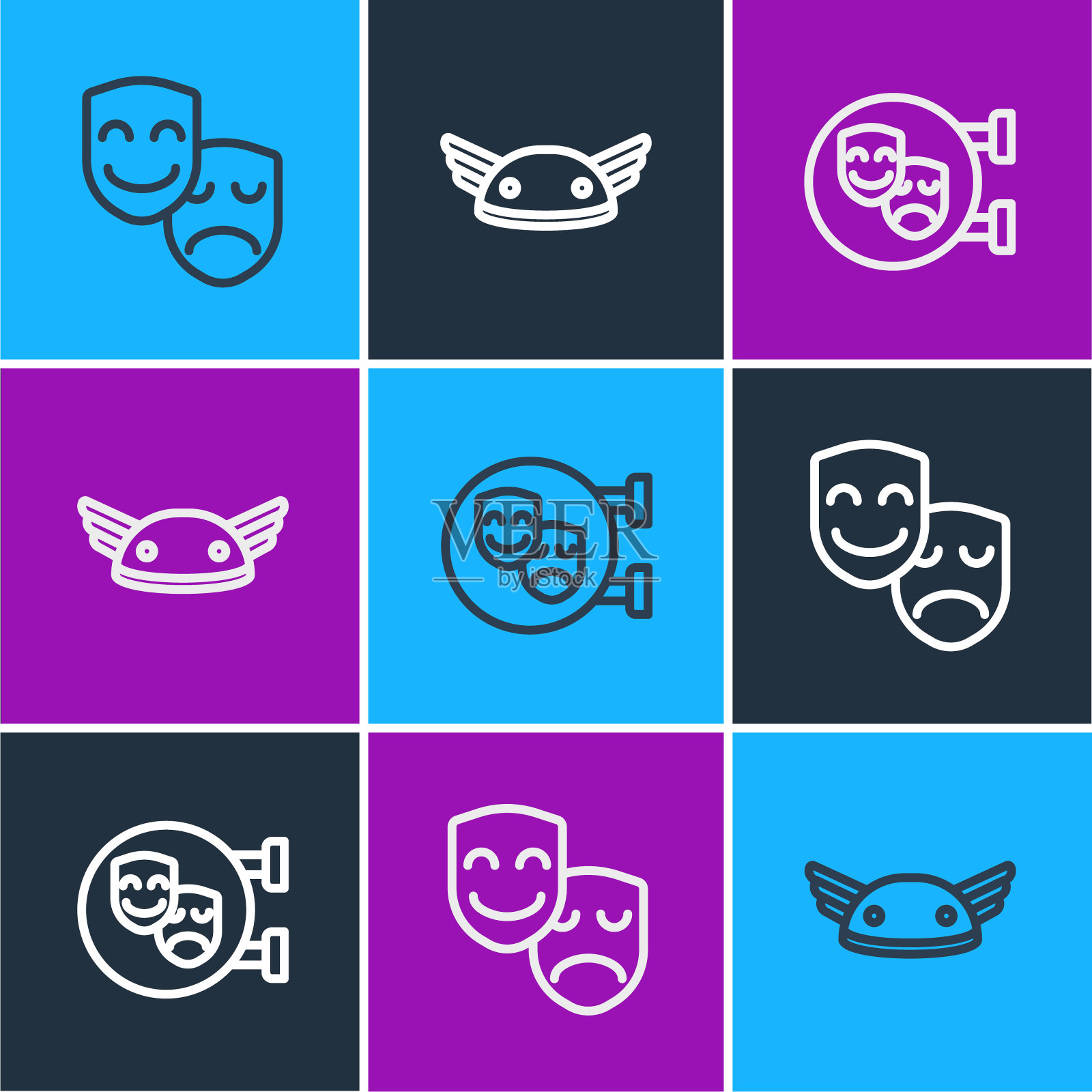 设定线喜剧和悲剧面具，和头盔与翅膀图标。向量插画图片素材