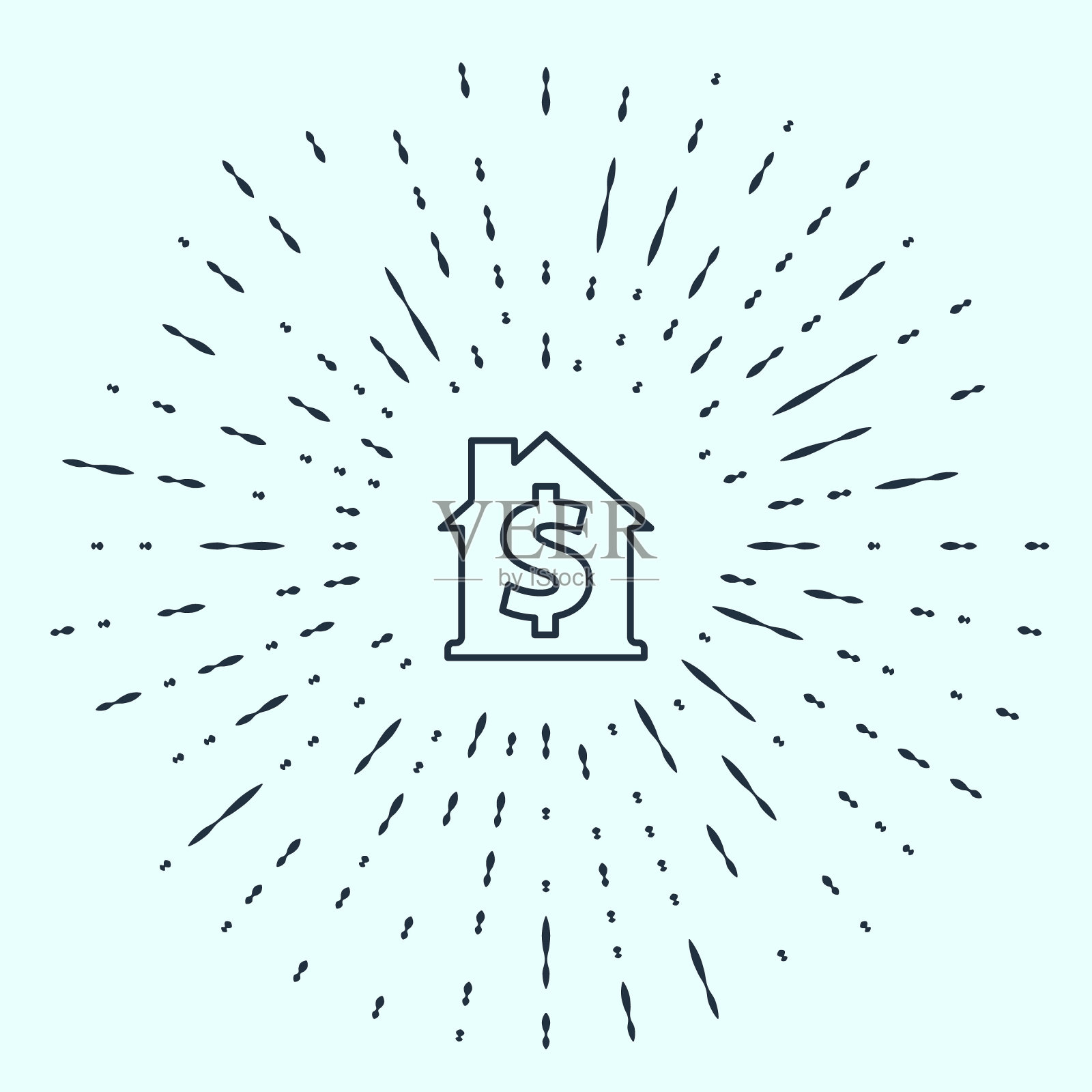 黑线房子与美元符号图标孤立在灰色背景。家和钱。房地产概念。抽象圆形随机点。向量插画图片素材