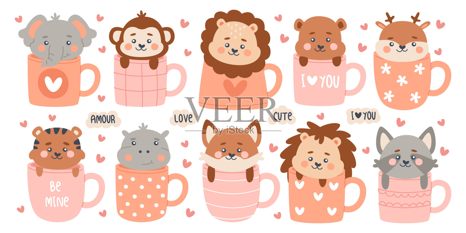 可爱有趣的动物坐在杯子里表现出爱的情感和崇拜孤立的卡哇伊集插画图片素材