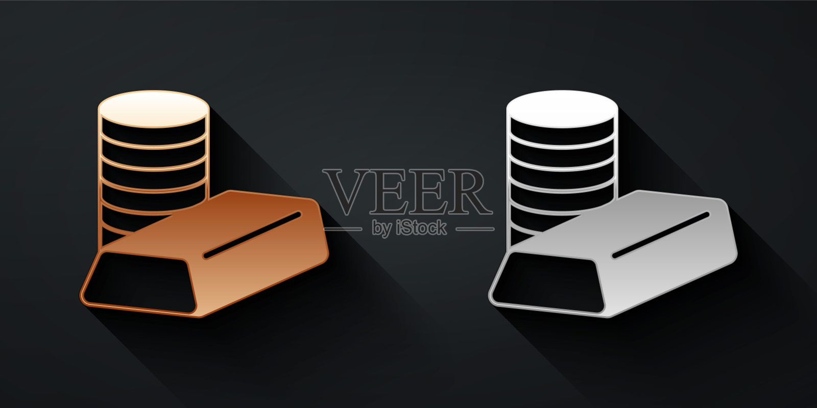 黄金和白银金币与金条图标隔离在黑色背景。银行货币标志。现金的象征。长影式。向量插画图片素材