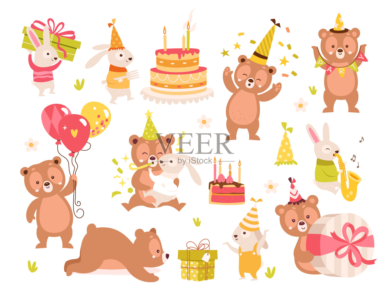 可爱的熊和兔子朋友，孩子们的角色庆祝生日聚会活动交换礼物插画图片素材